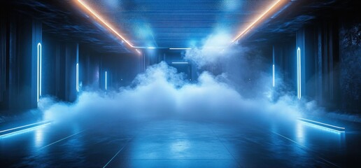 Obraz premium Futuristic Cyberpunk Room Glowing Blue Neon Lights Smoke Dramatic Contrast Minimalist Symmetry Concrete Garage Stage