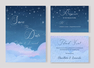 Set of Wedding Invitation with Watercolor Elegant Night Sky and Floral Field Nature Landscape