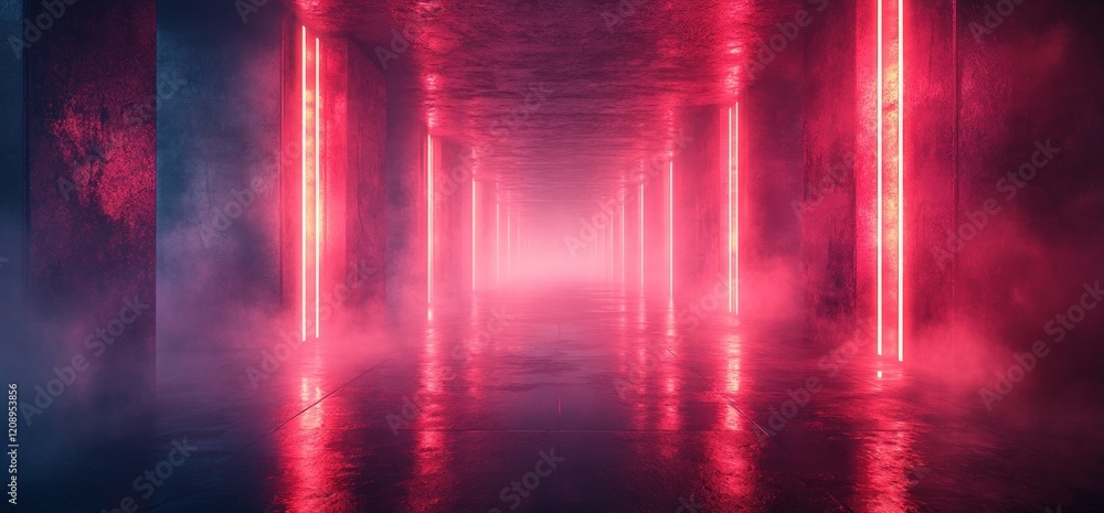 Poster futuristic neon corridor with fog and light beams in cyberpunk style