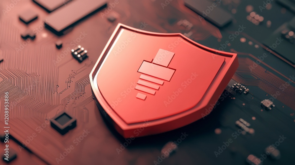 Poster digital shield symbol with network components on circuit board background