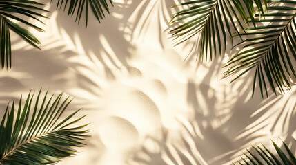 palm leaf shadows and fronds on tropical beach sand creating a minimalist summer beach scene with beige background and natural sunlight for tropical vacation photography 