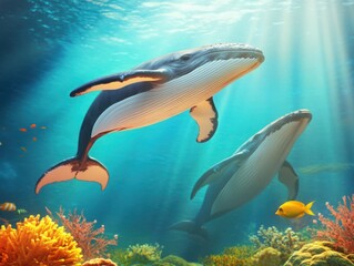 Serene Underwater Scene Featuring Majestic Whales Swimming Gracefully Among Vibrant Coral Reefs and Colorful Marine Life in a Brightly Lit Ocean Environment