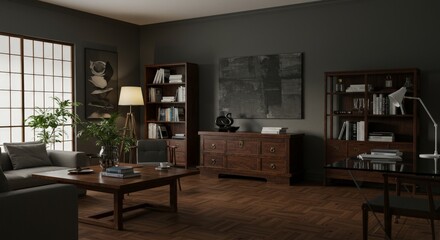 Modern mid Century and vintage interior of living room ,blue lounge chair with wood cabinet