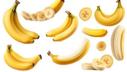  banana mockup with whole, sliced, and grouped bananas, multiple angles, transparent background