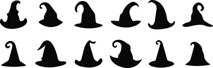 Fototapeta premium Magic Wizard Witch Hats showing cap a black witch hat icon in flat set isolated on a transparent background. Halloween holiday Vector Design for apps or website