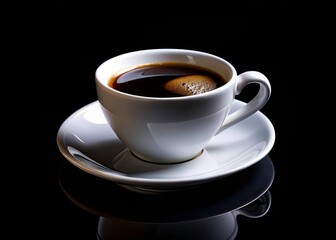 Obraz premium Dark Coffee Cup, Black Background, Candid Coffee Photography, Rich Aroma, Coffee Drink, White Cup Saucer