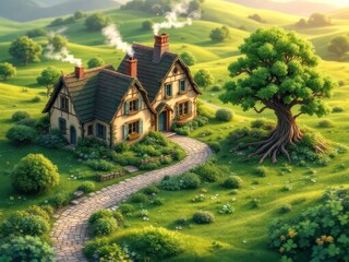 Fototapeta premium Whimsical cottage in lush green countryside with shamrock details