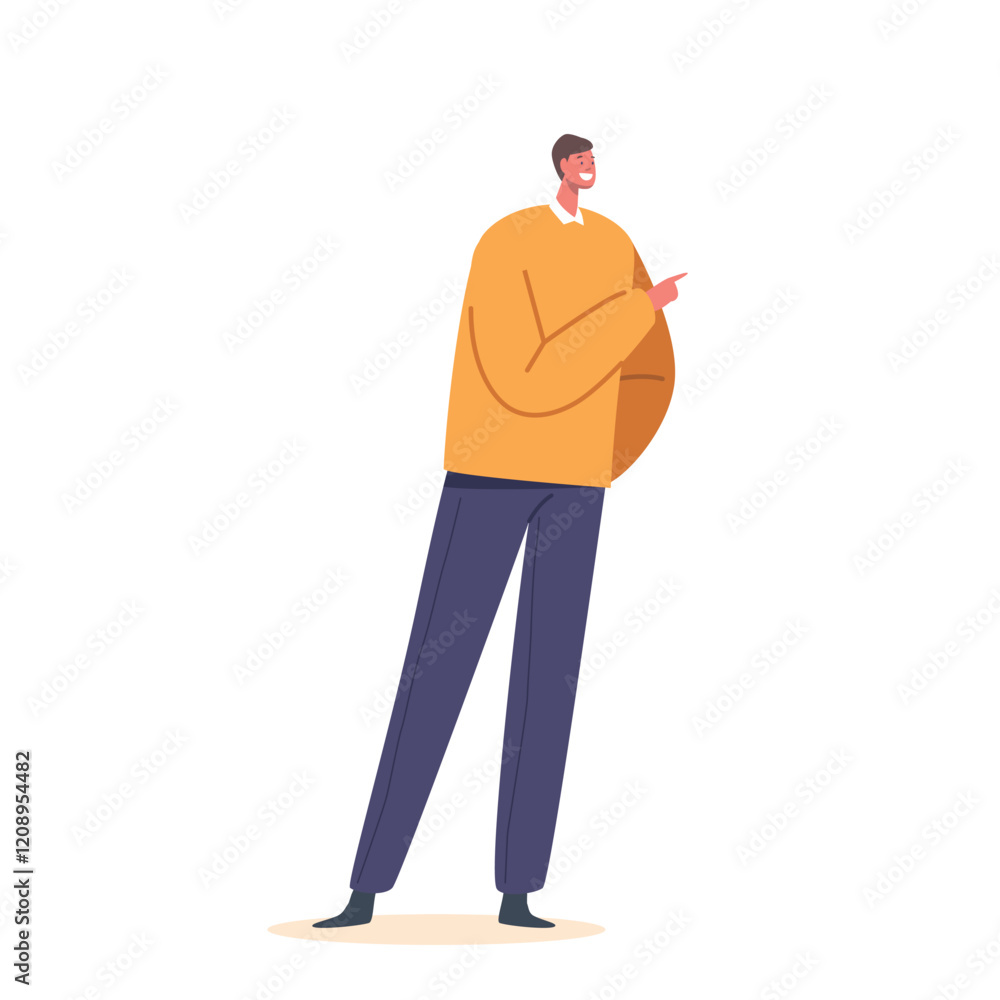Poster man with a big smile and pointing finger, indicating direction or drawing attention towards a specif