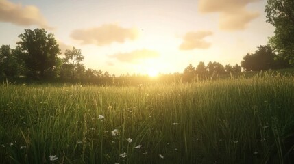 Tranquil Meadow at Sunset with Golden Light Filtering Through Grass and Trees