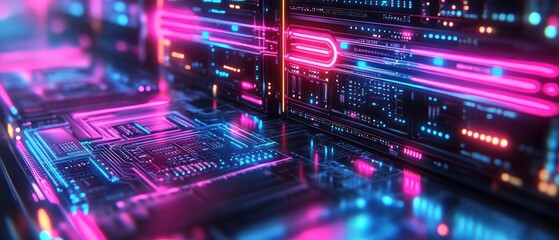 Fototapeta premium Futuristic digital landscape with neon lights and circuits