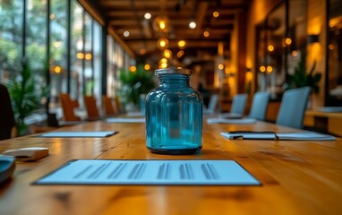 Blue glass jar on wooden conference table.