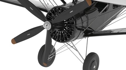 A sharp close-up of a vintage aircraft propeller, focusing on the propeller blades and hub assembly, isolated on a clean white background