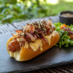 gourmet style hot dog served in brioche bun, topped with crispy bacon, melted cheese, and sesame seeds, accompanied by fresh salad on slate plate