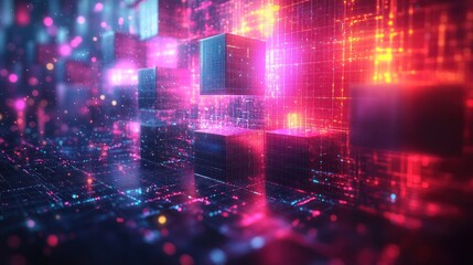 Obraz premium Abstract digital landscape with glowing cubes and lights