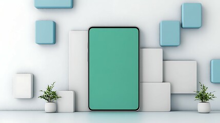 Modern smartphone displayed against a minimalist backdrop featuring geometric shapes and potted plants, emphasizing technology and design. flat art style icon minimalist communication