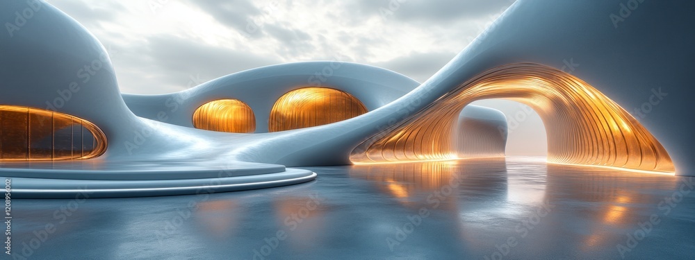 Poster futuristic abstract architecture modern design curved lines soft lighting minimalist perspective dyn