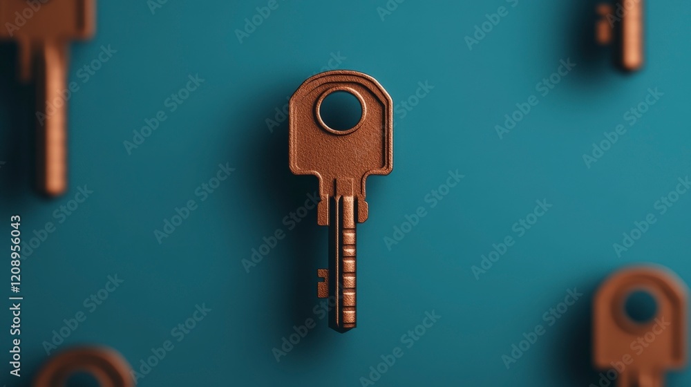 Poster unique vintage key design floating on a bold teal background for artistic projects