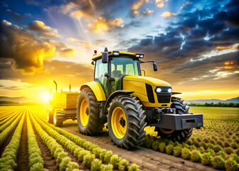 Fototapeta premium Majestic Sunset over Agricultural Field with Tractor