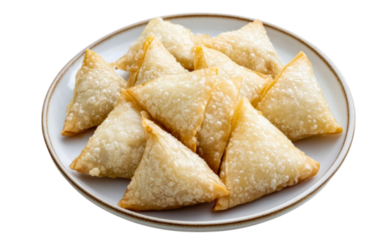 Savory pastries filled with spiced potatoes served on a white plate isolated on transparent background
