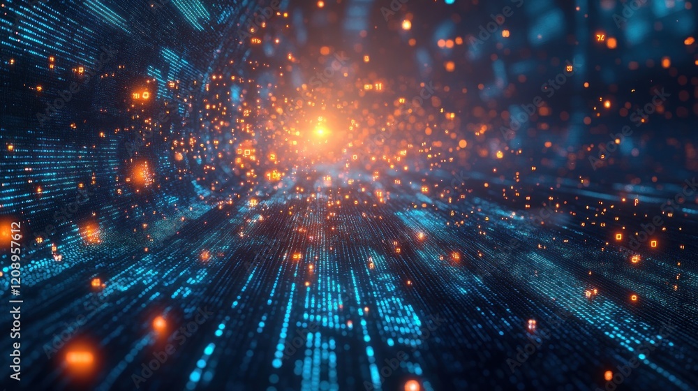 Poster futuristic cyber landscape with glowing data patterns and neural network connections