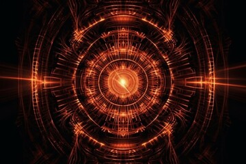 Obraz premium Circular pattern of glowing orange lines on a black background. AI generative. .
