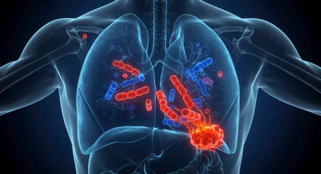 3D Medical Illustration of Pneumococcal Pneumonia Showing Streptococcus Pneumoniae Bacteria in Human Lungs