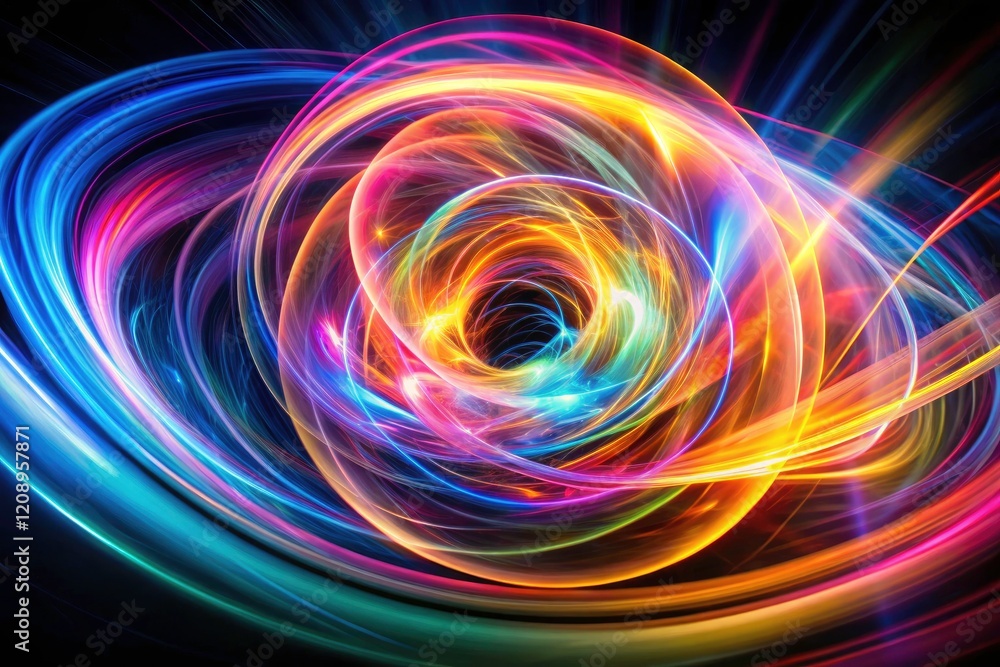 Poster double exposure vortex: multicolored shining curved lines abstract art background