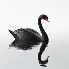 Black swan gliding elegantly on an invisible lake surface on a white background