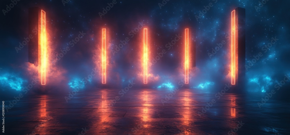 Poster futuristic sci fi minimalist room with glowing blue neon lines on reflective floor in dark environme