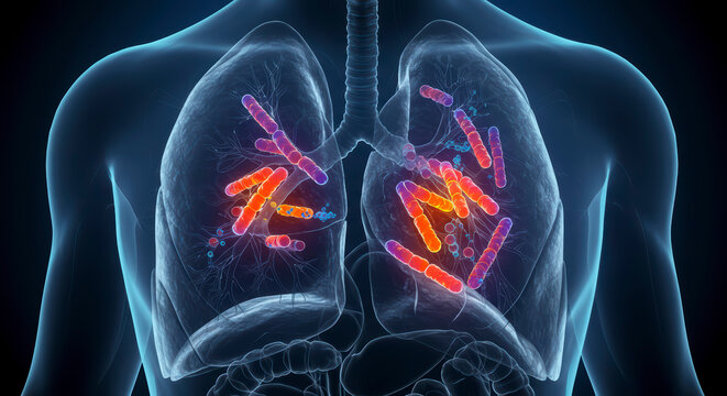 3D Medical Illustration of Pneumococcal Pneumonia Showing Streptococcus Pneumoniae Bacteria in Human Lungs