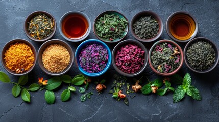 Various dried herbs in bowls on a dark background with fresh green leaves. AI generative. .