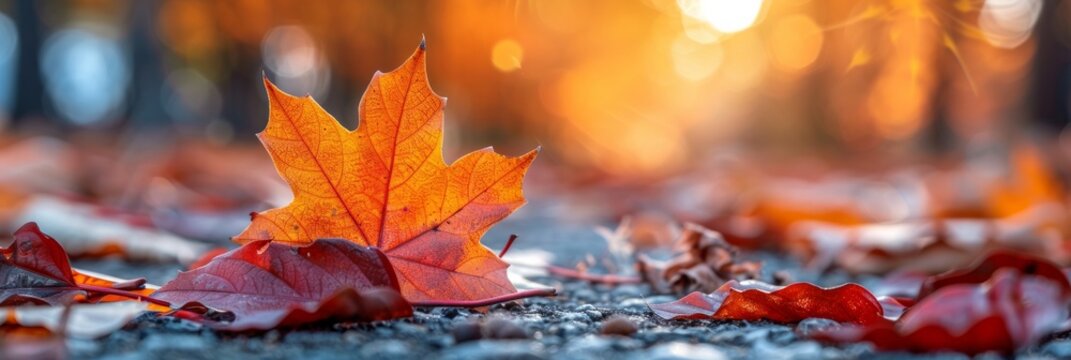 A single orange maple leaf lies on the ground with other leaves, glowing in the warm autumn sunlight. AI generative. .
