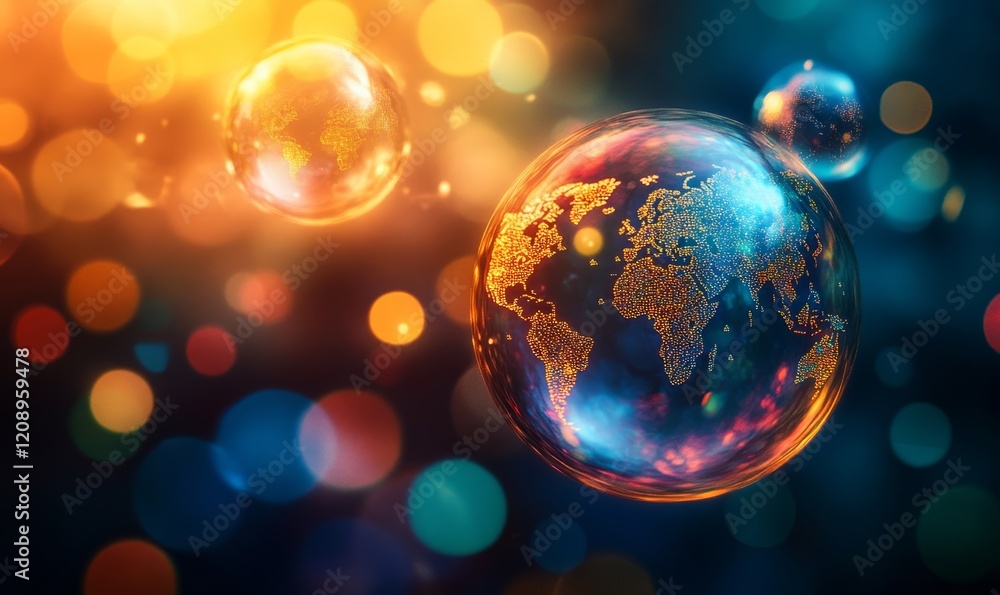 Poster soap bubble with world map digital background, generative ai