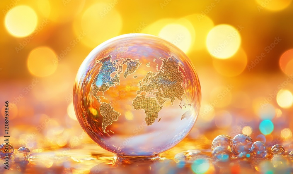 Poster soap bubble with world map digital background, generative ai