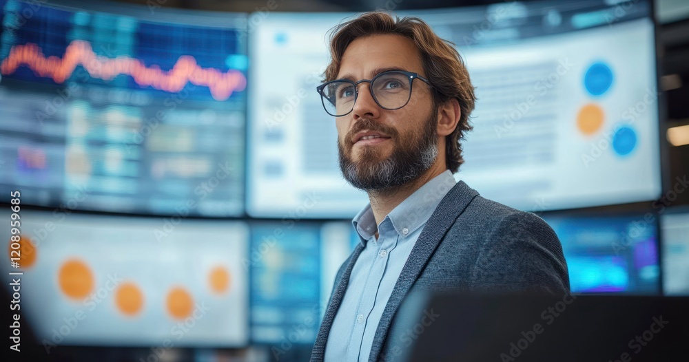 Poster indian computer scientist presenting automation training to diverse data analysts in modern office w