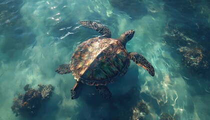 Fototapeta premium Sea Turtle Gracefully Swims in Ocean Depths