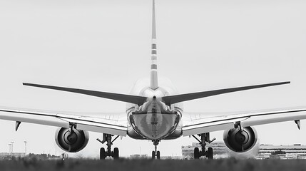 A symmetrical rear perspective of a large airplane, focusing on its vertical stabilizer and dual engines, placed against a clean white background