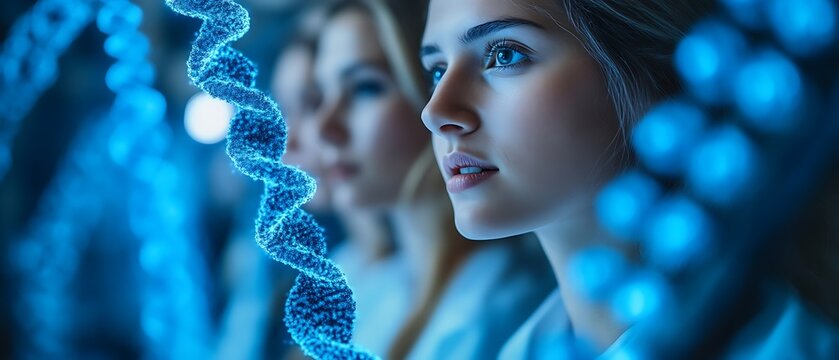 Scientists studying DNA helix.
