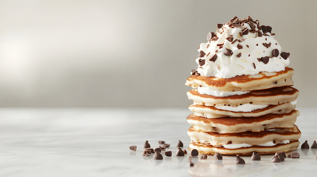stack of fluffy pancakes topped with whipped cream, chocolate chips, and chocolate shavings on marble surface, creating sweet and indulgent treat