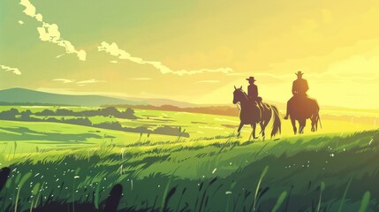 Two people leisurely riding horses side by side through a green meadow, trotting calmly with soft sunlight and a clear sky overhead, creating a serene atmosphere.