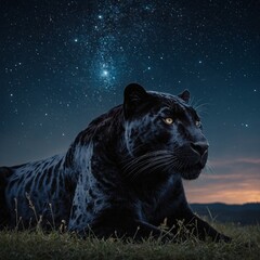 Naklejka premium A mystical scene of a black panther under a starry night sky, with glowing constellations.