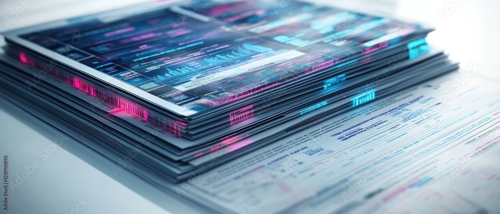Poster stacked financial documents with digital data visualization