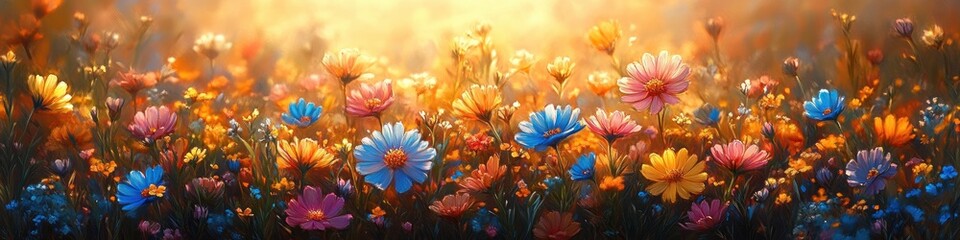 Obraz premium Vibrant Meadow with Colorful Wildflowers and Sunlight in Spring
