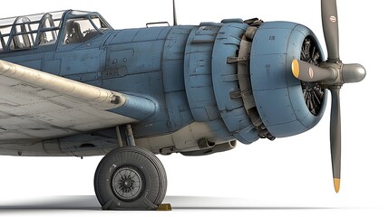 A side profile of a propeller plane, showcasing its compact design, propeller blades, and wing structure, isolated on a seamless white backdrop