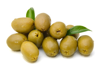 pickled olives on white background