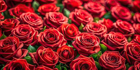 Obraz premium Elegant Red Rose Tilt-Shift Photography, Macro Closeup, Isolated Red Roses, Green Leaves, Floral Pattern, Botanical Image, High-Resolution, Red Rose Background, Romantic Roses
