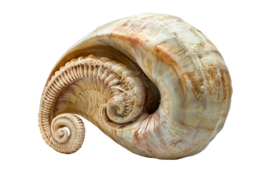 Beautiful spiral shell displaying intricate patterns and textures found on a sandy beach isolated on transparent background