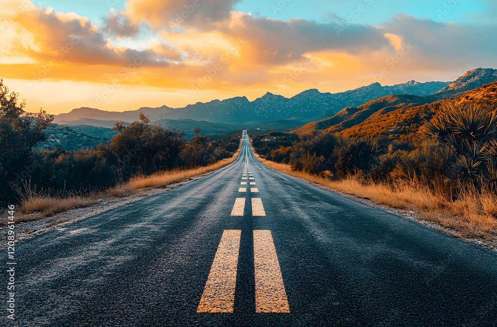 Wall mural Scenic Highway Winding Through Majestic Mountains at Sunset