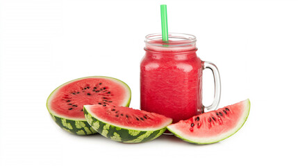 fresh watermelon smoothie in a mason jar with a straw isolated on a white background