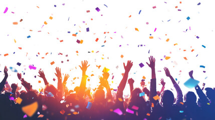 Celebration of crowd with rising hands isolated on white background 